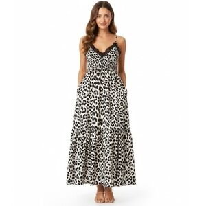 Animal Print Maxi Dress Lace Trim Sleeveless Casual slipdress Bohemian